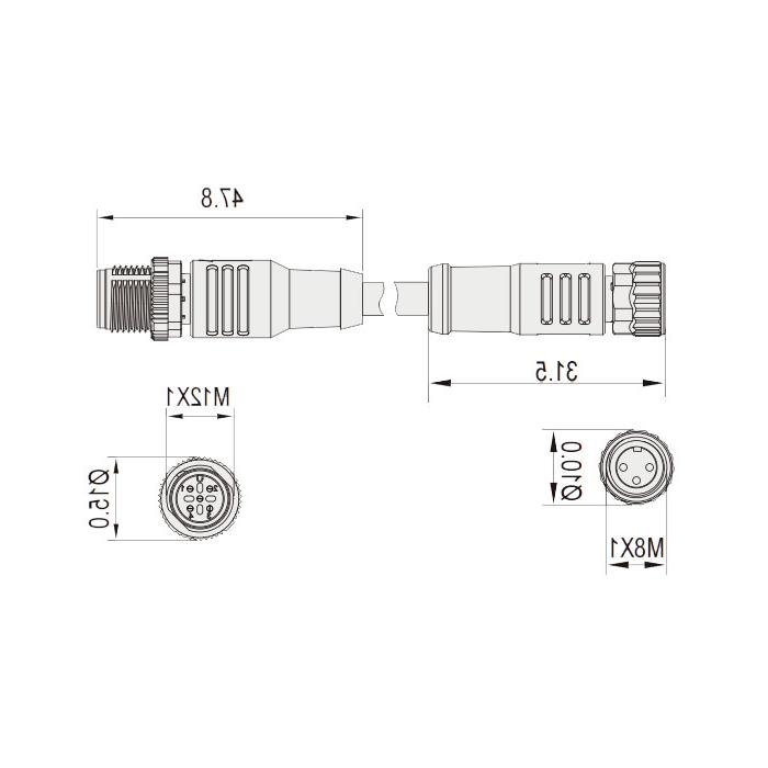 M8转M12 3Pin、M8母头直型 带LED灯转M12公头直型、双端预铸PVC非柔性电缆、灰色护套、63D253-XXX